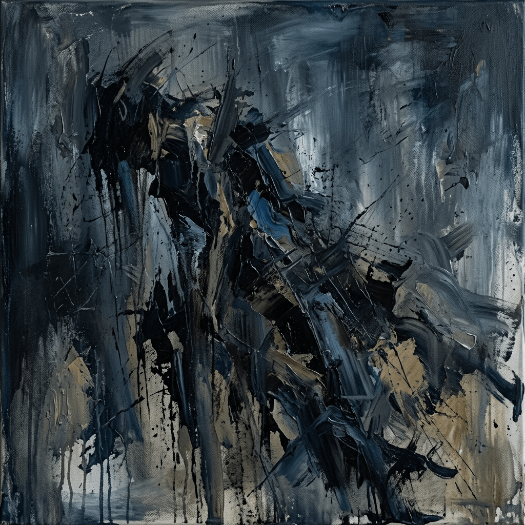 Abstract painting with dark blues, blacks, and beige brushstrokes and splatters