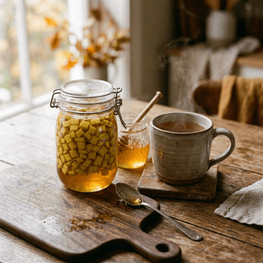 Steaming tea with lemon, ginger, and honey on a wooden table